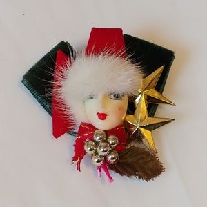 Vintage 1980s Fur Christmas Lady In Santa Hat Brooch